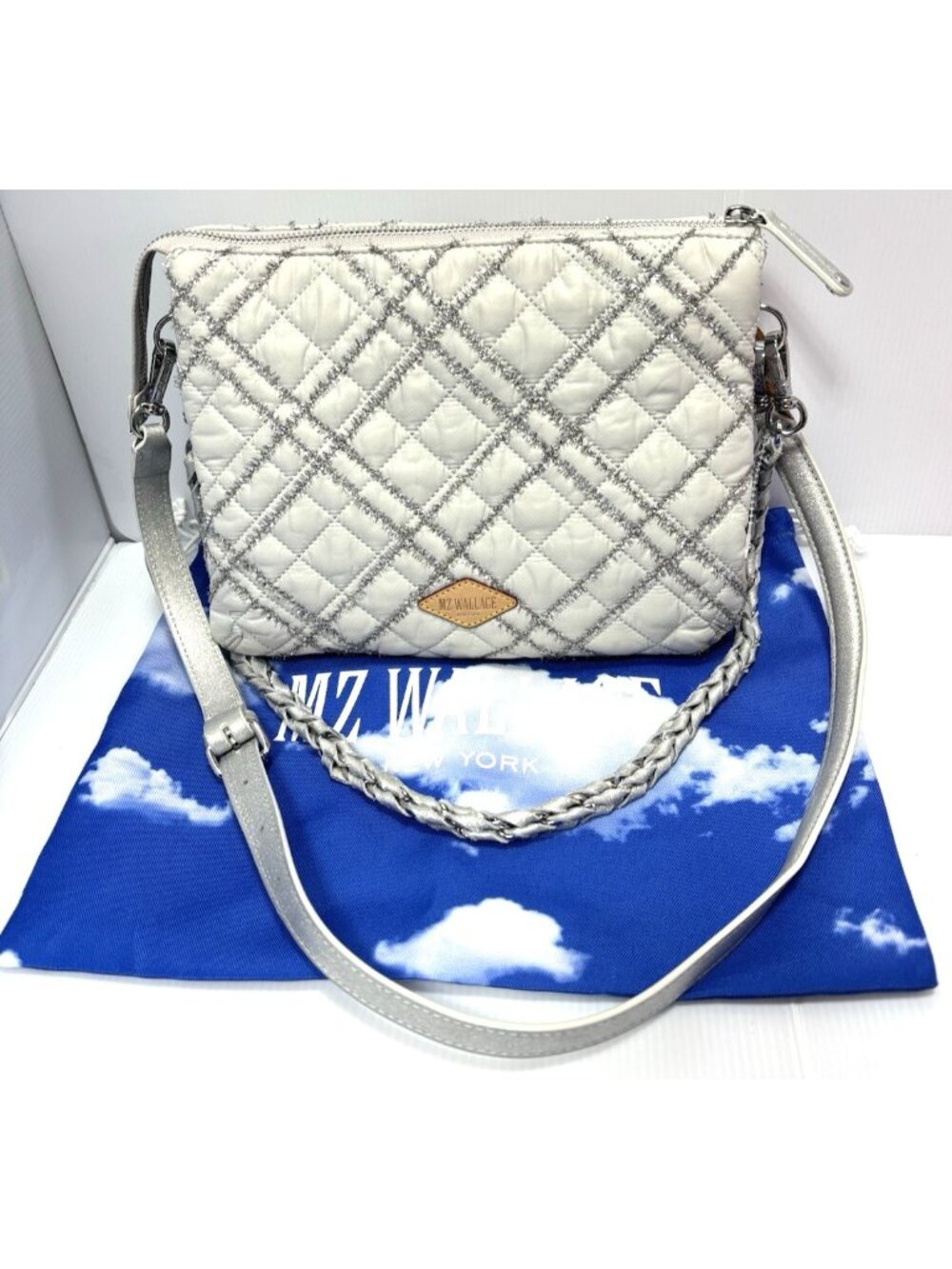 MZ Wallace Silver Metallic Quilted Metro Crossbody Bag - GUC with Dust Bag